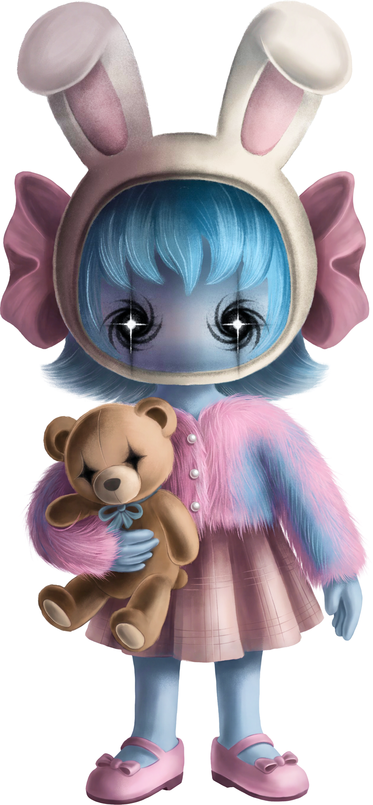 pyo — a small cute bunny-hooded character holding a teddy